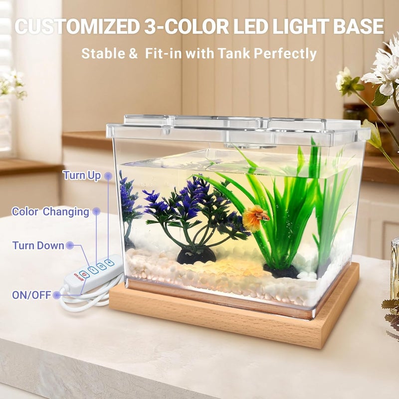 Moonorange طقم حوض سمك بيتا مصغر مع قاعدة إضاءة LED، وعاء سمك صغير لمساحة مؤقتة، حوض مكعب قابل للتكديس سعة 0.2 جالون مع نباتات صناعية لأسماك صغيرة، حشرات، روبيان، سرطان البحر، عنكبوت (طقم-2) - Image 3